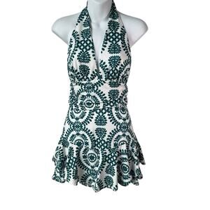 Boho Backless Halter Romper Sz Small White Green Floral Print Ruffle Resort READ
